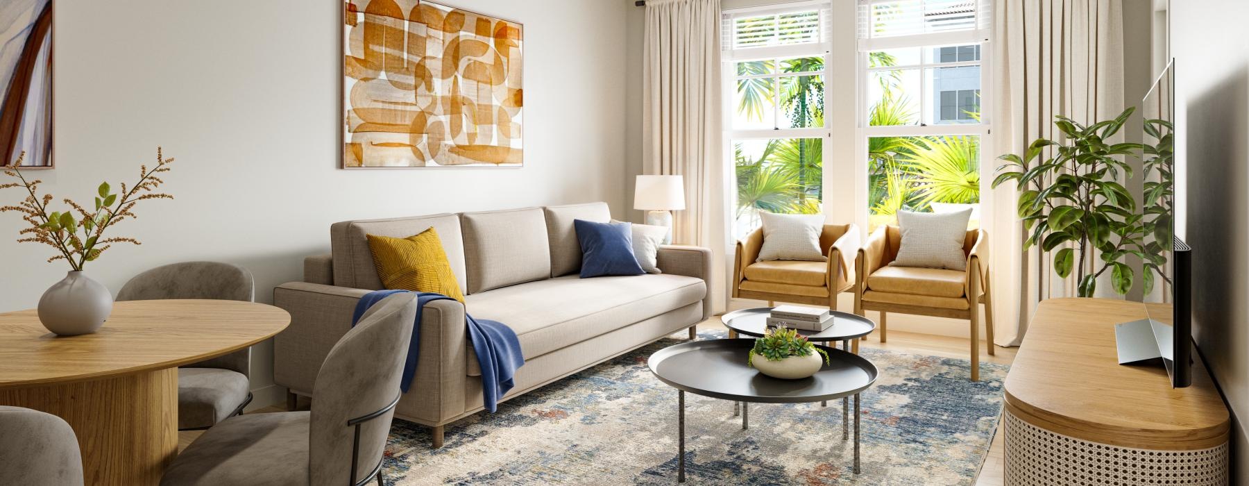 a living room with a couch and a table